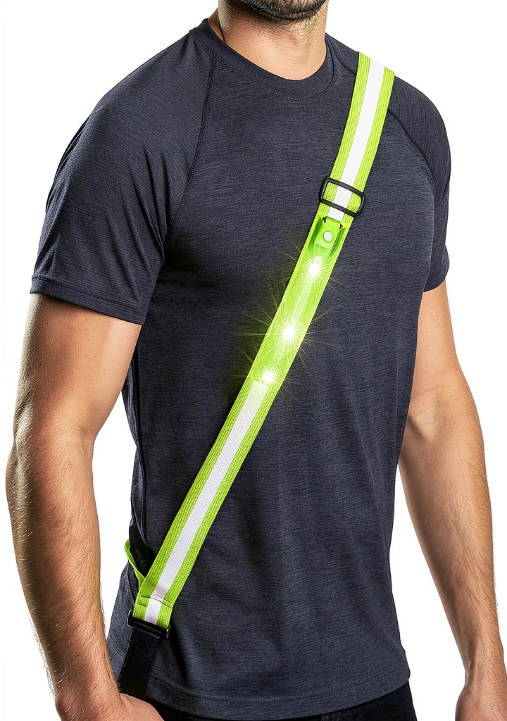 Person wearing Simket LED reflective sash during a night run